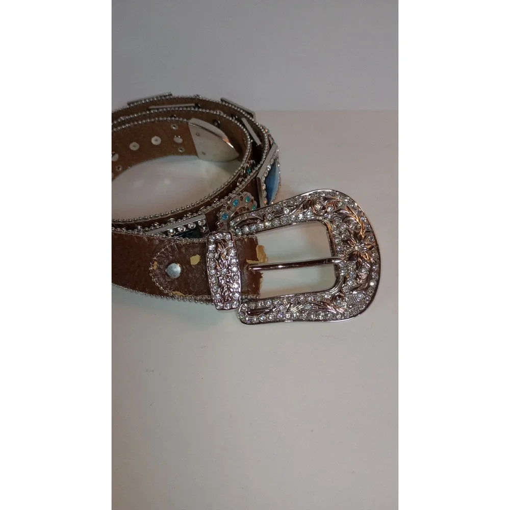 WB Atlas Brown Leather Blue Crystal Jeweled Western Belt Silver Buckle XL 48